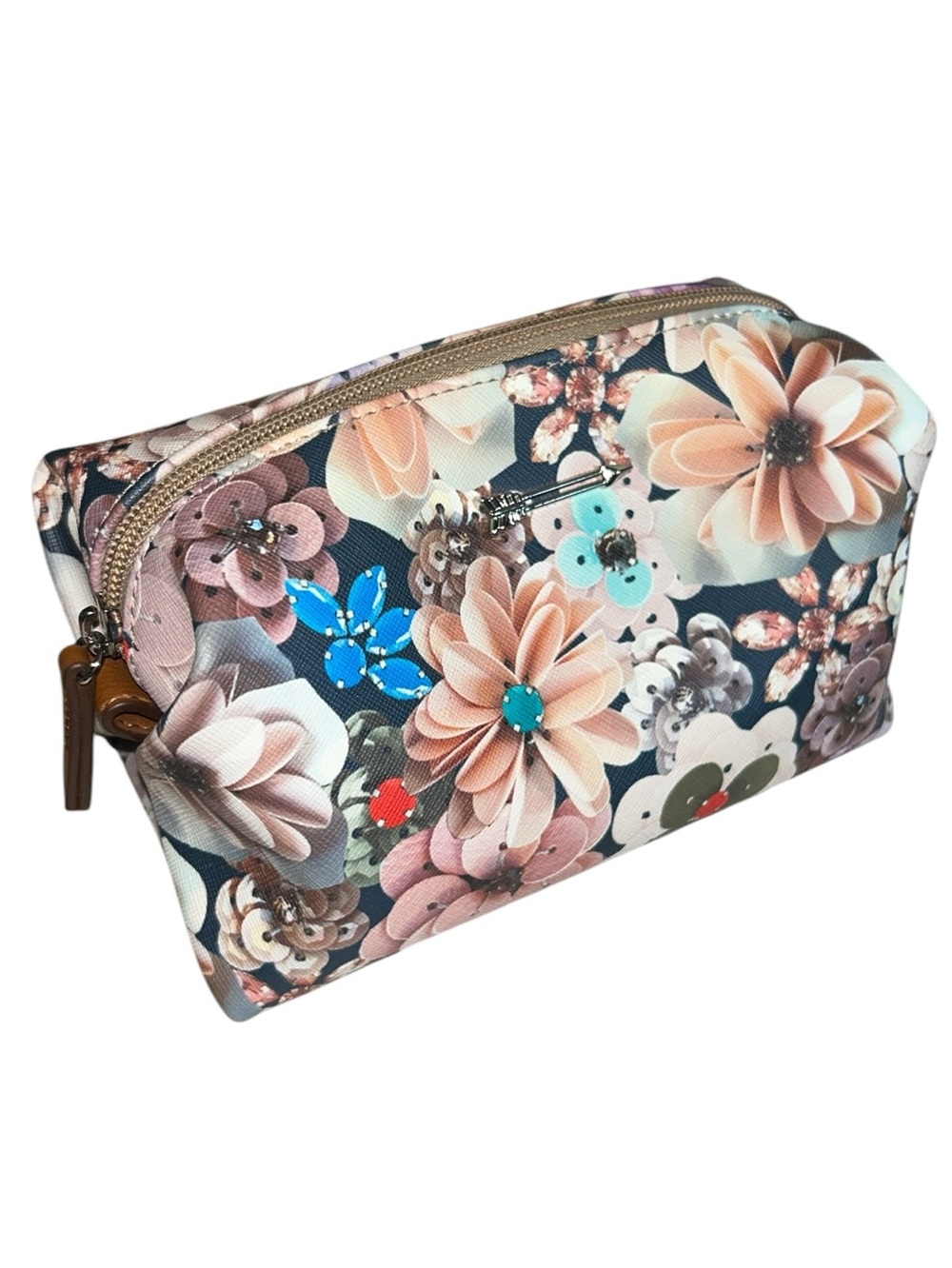 Stella & Dot Floral Print Pouf Vinyl Cosmetic Bag Multicolor Makeup Case